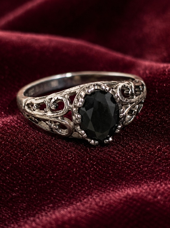 Seta Jewelry - Vintage SETA 925 Sterling Silver Black Filigree Ring Oval Faux Onyx Size 8–8.5